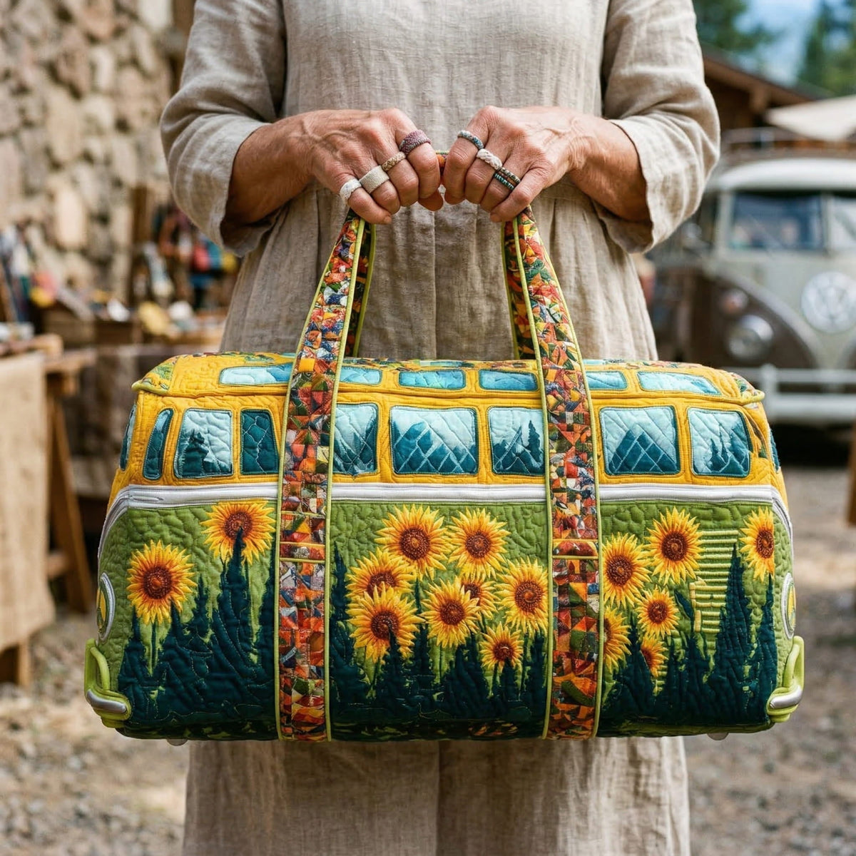 Hippie Bus ze Słonecznikami | Pikowana Torba Podróżna