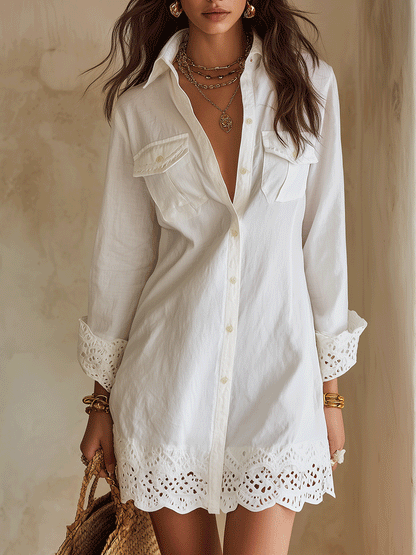 Odette™ | Biała Sukienka Koszulowa Mini Boho