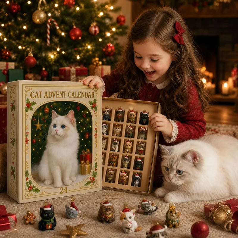 🐱🎄 Świąteczny kalendarz adwentowy z kotami na rok 2026 – prezent dla miłośników kotów (odliczanie do świąt, 24 wzory zawieszek na choinkę)