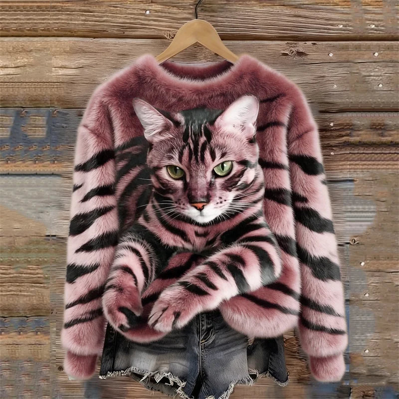 🐯🐱 Przytulna pluszowa bluza z tygrysim motywem i pręgowanym kotkiem