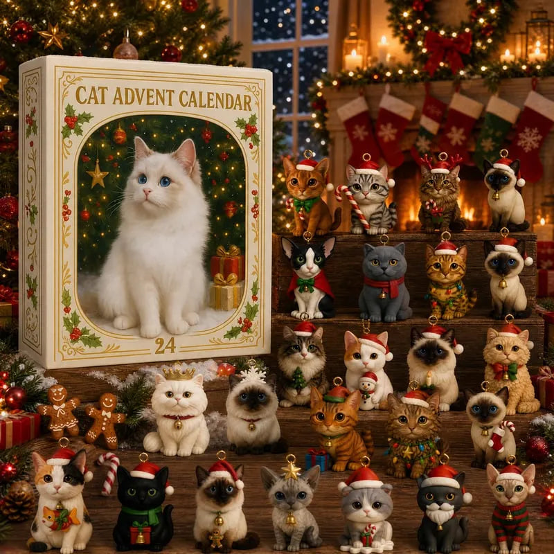 🐱🎄 Świąteczny kalendarz adwentowy z kotami na rok 2026 – prezent dla miłośników kotów (odliczanie do świąt, 24 wzory zawieszek na choinkę)
