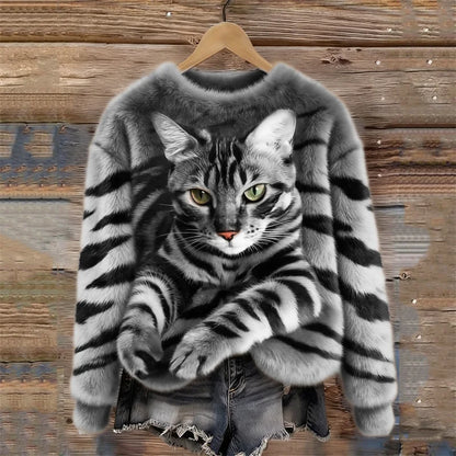 🐯🐱 Przytulna pluszowa bluza z tygrysim motywem i pręgowanym kotkiem