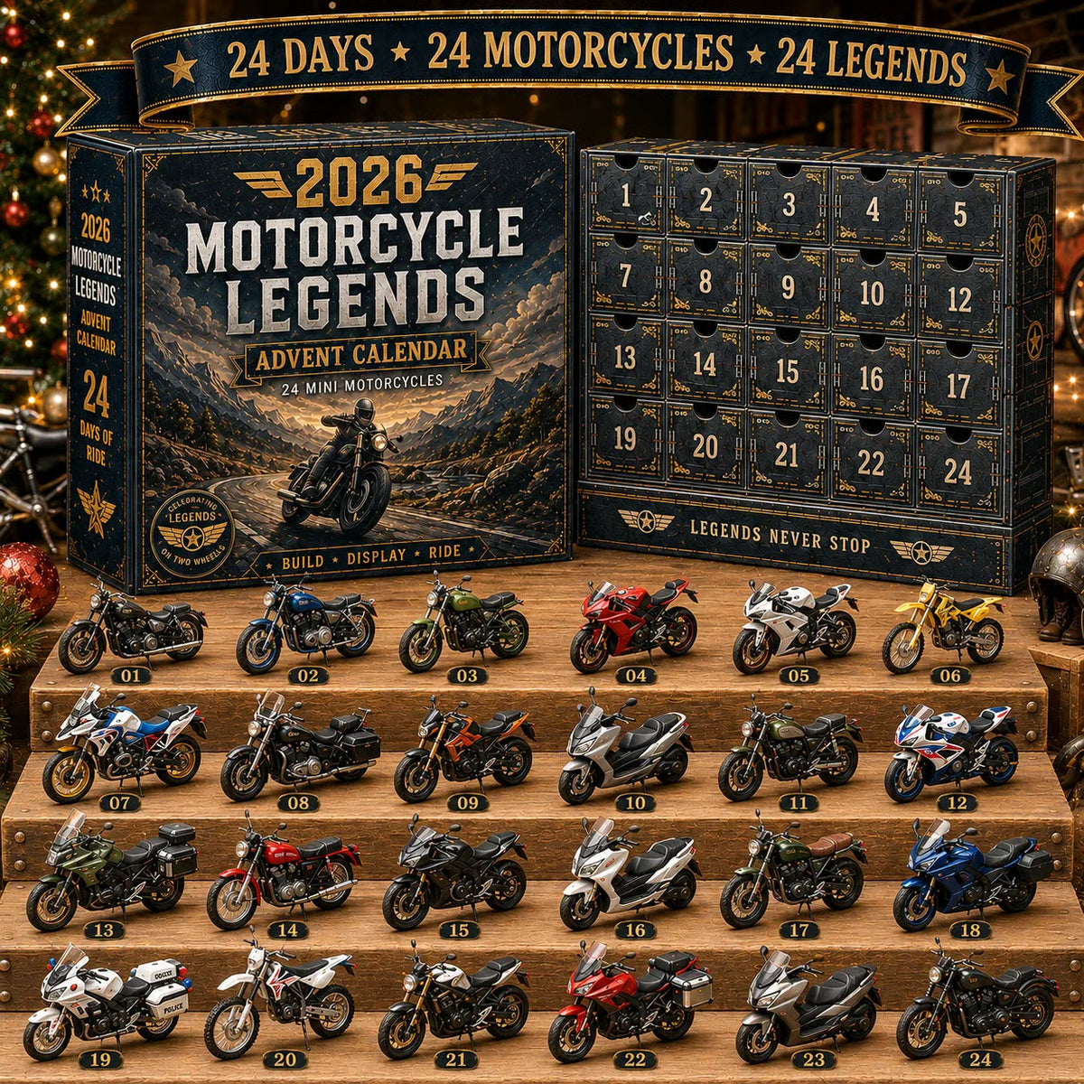 Kalendarz Adwentowy z Legendarnymi Motocyklami 2026 — 24 Kolekcjonerskie Modele
