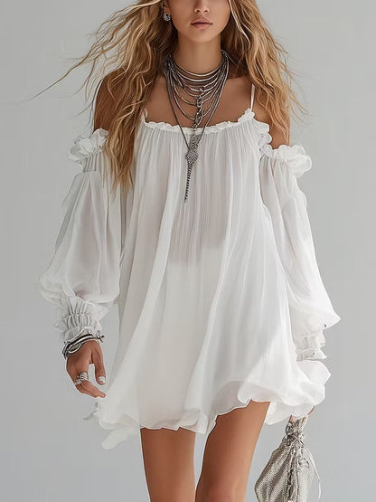 Valentina™ | Biała Sukienka Mini Boho z Odkrytymi Ramionami