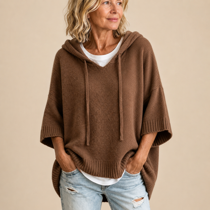 Brygida™ | Dziergane Poncho z Kapturem — Brązowe