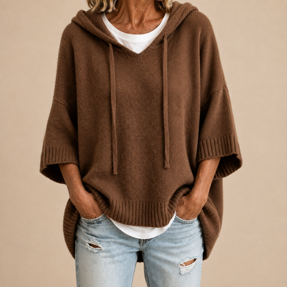 Brygida™ | Dziergane Poncho z Kapturem — Brązowe
