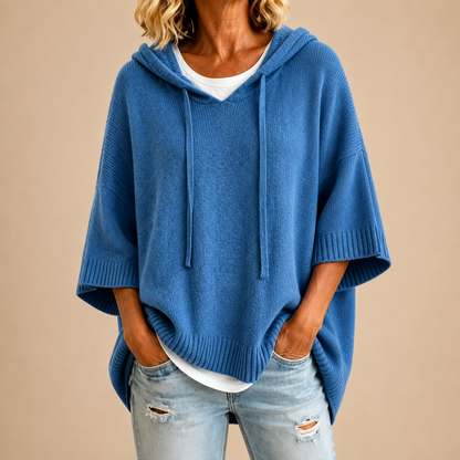 Laura™ | Dziergane Poncho z Kapturem — Niebieskie