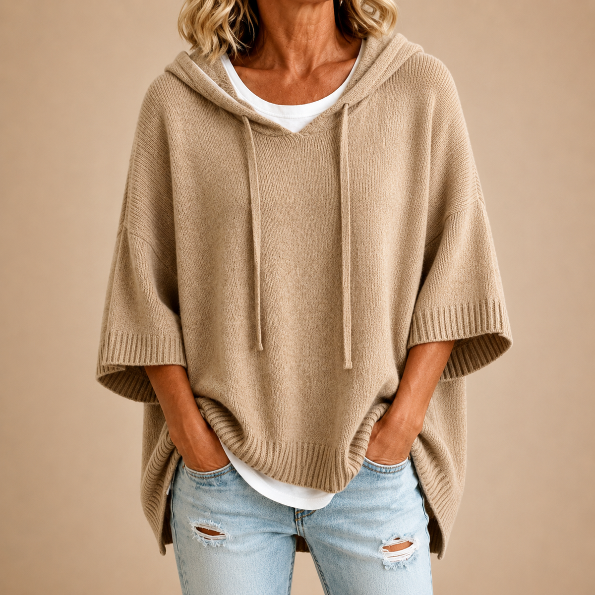 Olga™ | Dziergane Poncho z Kapturem — Khaki