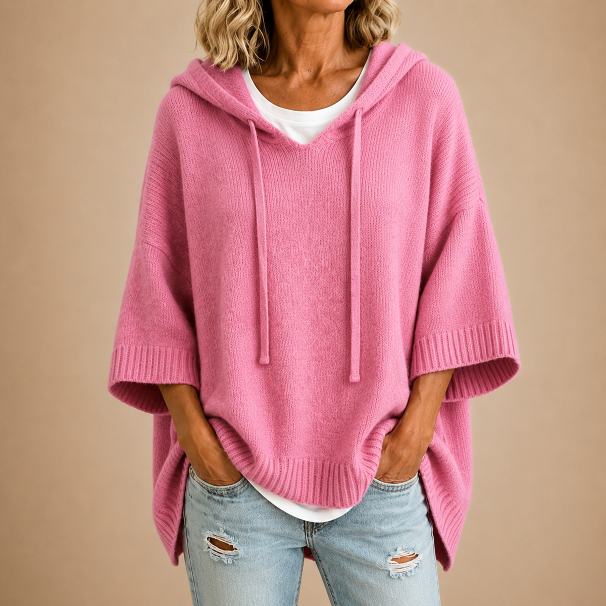 Róża™ | Dziergane Poncho z Kapturem — Różowe