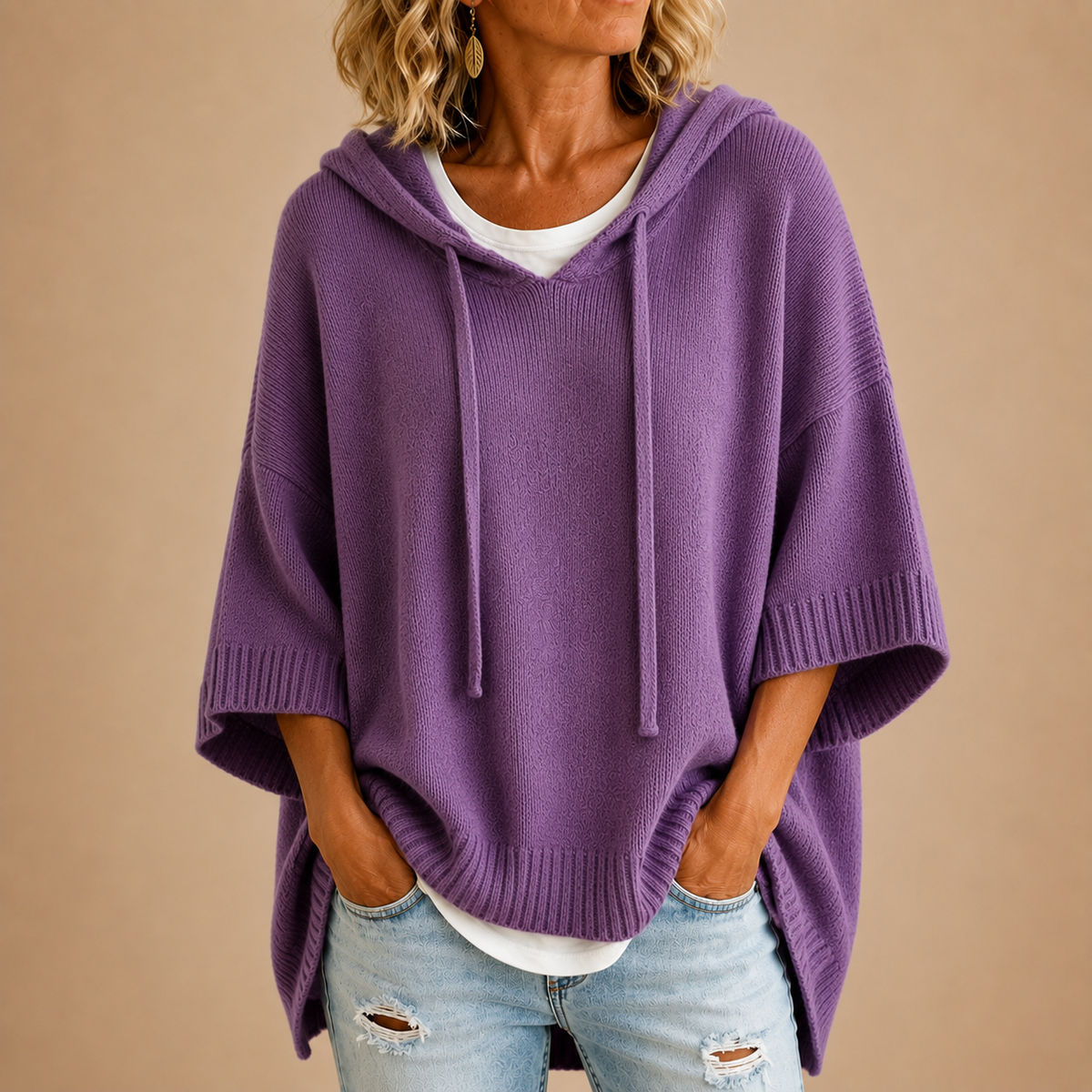 Jolanta™ | Dziergane Poncho z Kapturem — Fioletowe
