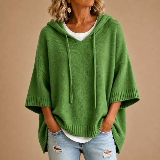 Zuzanna™ | Dziergane Poncho z Kapturem — Zielone