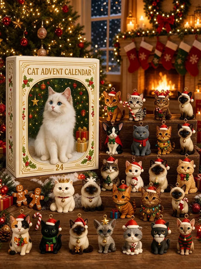 🐱🎄 Świąteczny kalendarz adwentowy z kotami na rok 2026 – prezent dla miłośników kotów (odliczanie do świąt, 24 wzory zawieszek na choinkę)
