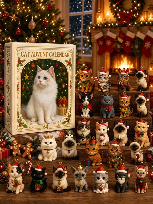 🐱🎄 Świąteczny kalendarz adwentowy z kotami na rok 2026 – prezent dla miłośników kotów (odliczanie do świąt, 24 wzory zawieszek na choinkę)