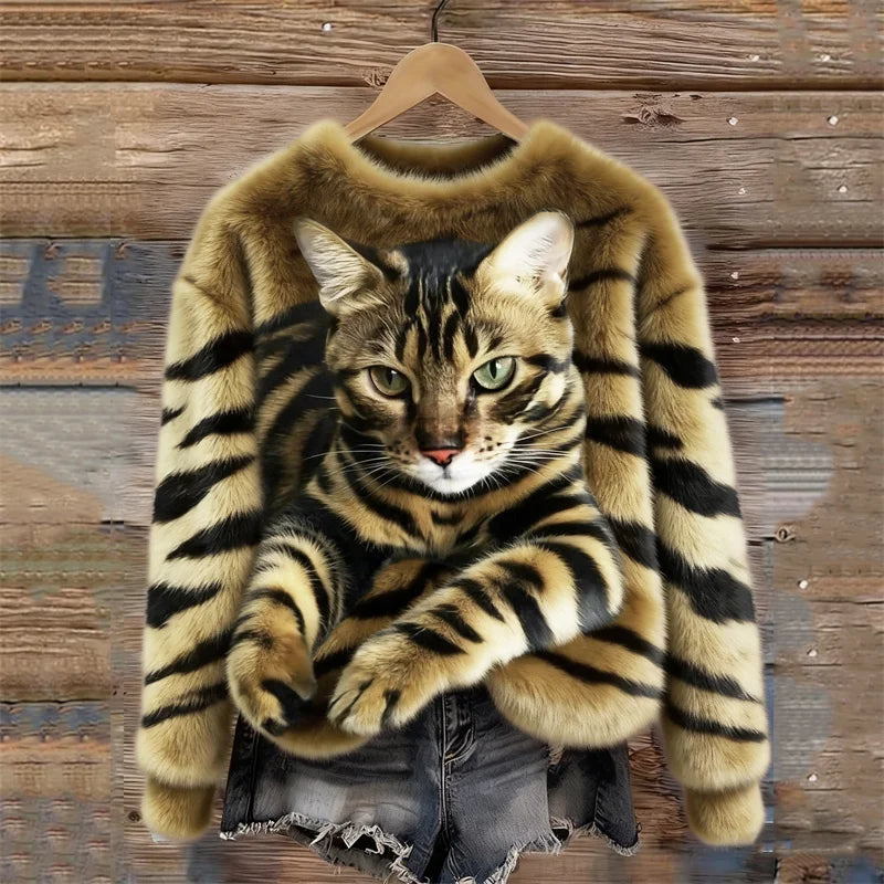 🐯🐱 Przytulna pluszowa bluza z tygrysim motywem i pręgowanym kotkiem