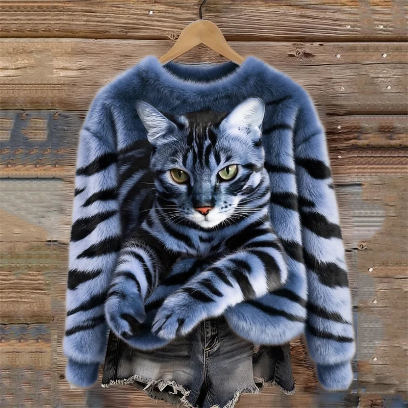 🐯🐱 Przytulna pluszowa bluza z tygrysim motywem i pręgowanym kotkiem