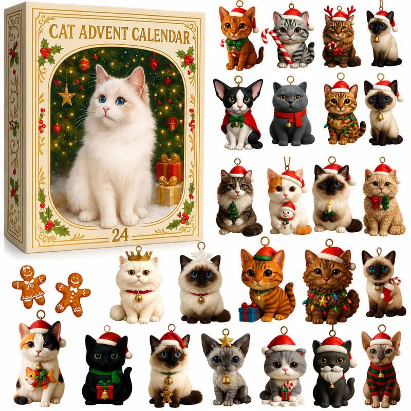🐱🎄 Świąteczny kalendarz adwentowy z kotami na rok 2026 – prezent dla miłośników kotów (odliczanie do świąt, 24 wzory zawieszek na choinkę)